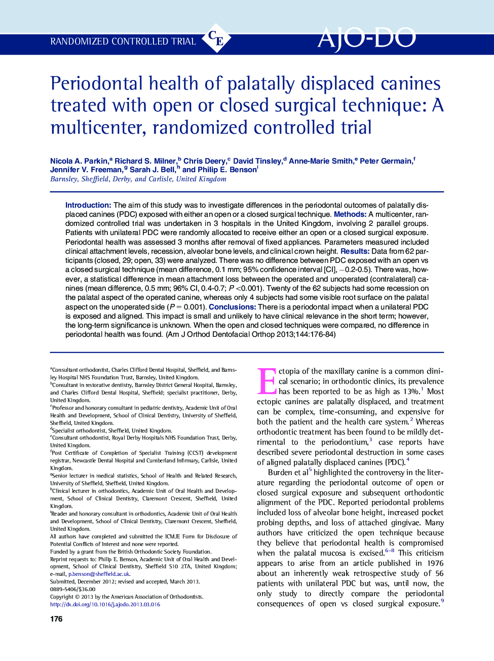 Periodontal health of palatally displaced canines treated with open or closed surgical technique: A multicenter, randomized controlled trial 