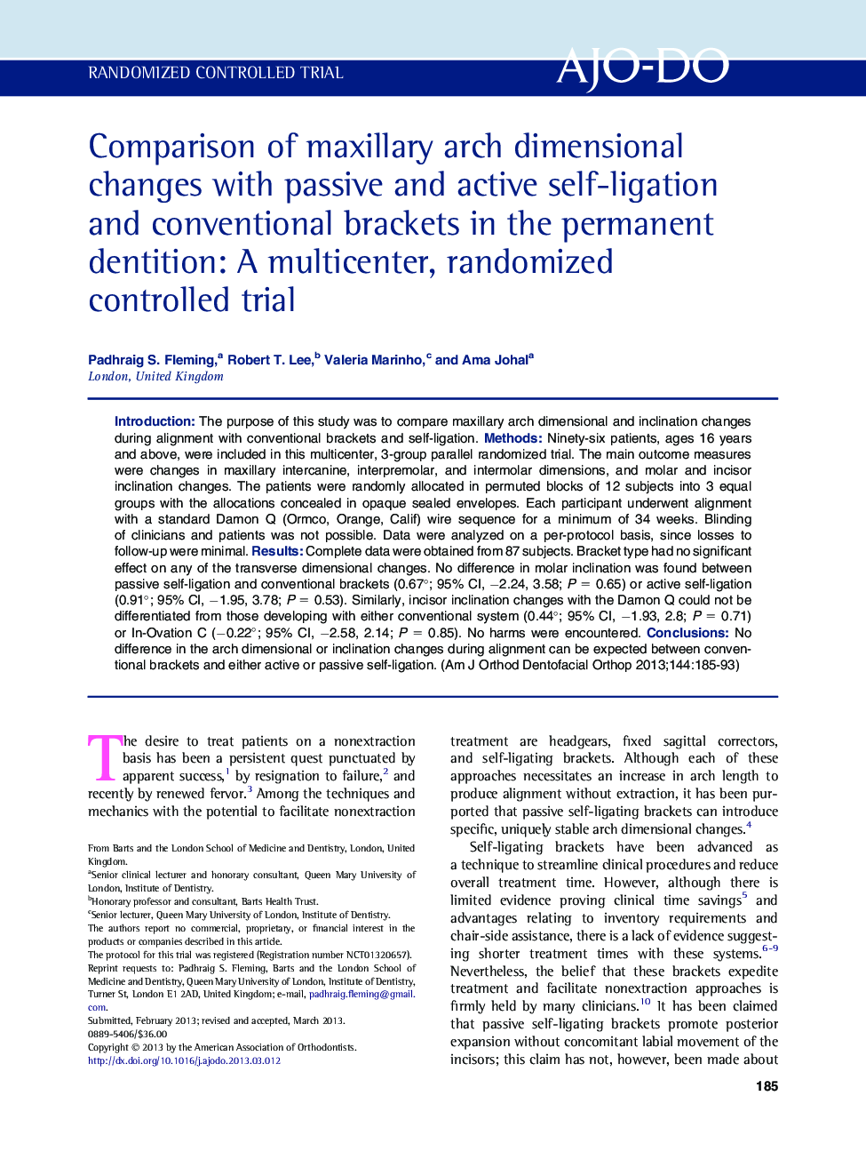 Comparison of maxillary arch dimensional changes with passive and active self-ligation and conventional brackets in the permanent dentition: A multicenter, randomized controlled trial 