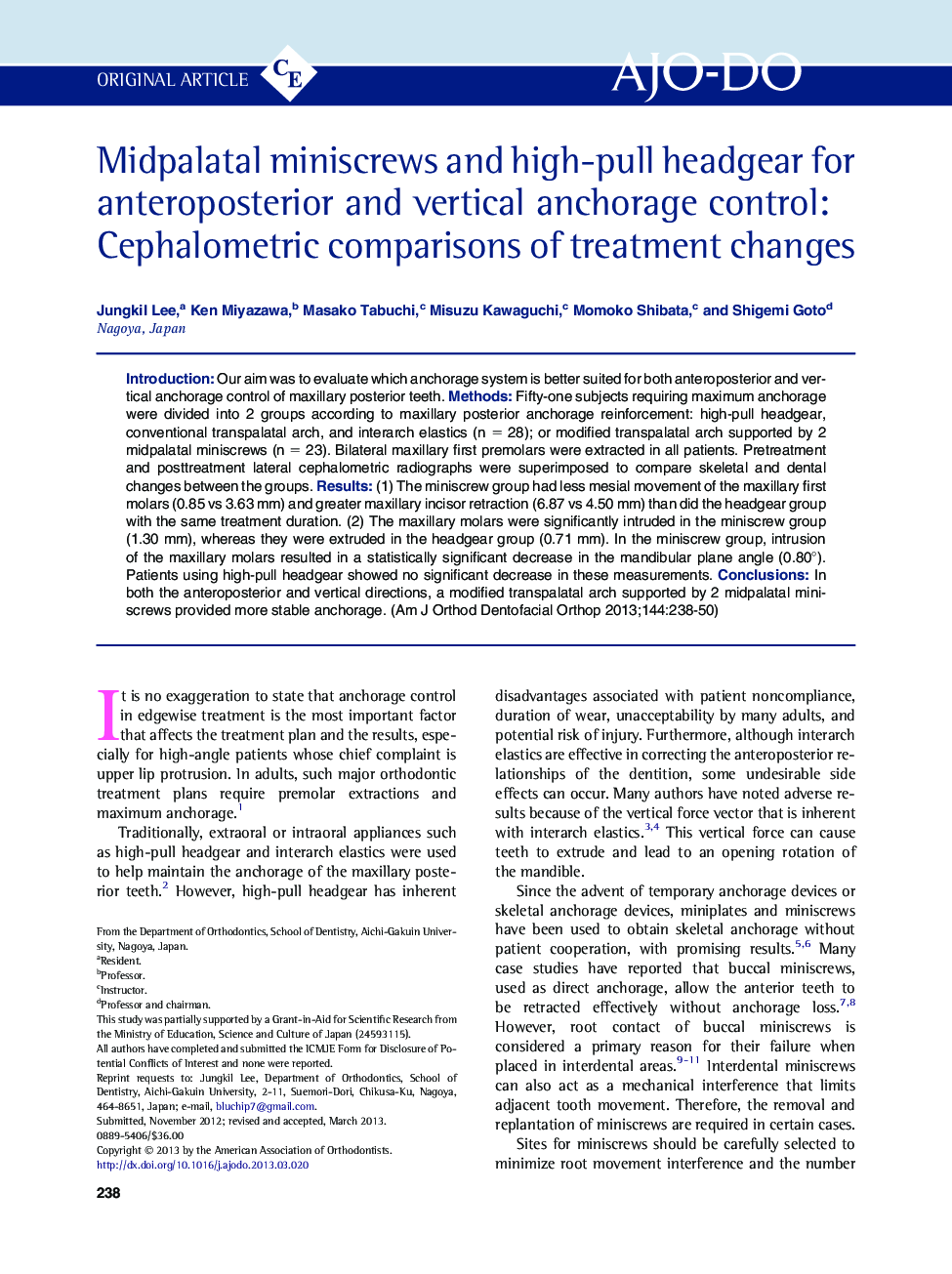 Midpalatal miniscrews and high-pull headgear for anteroposterior and vertical anchorage control: Cephalometric comparisons of treatment changes 