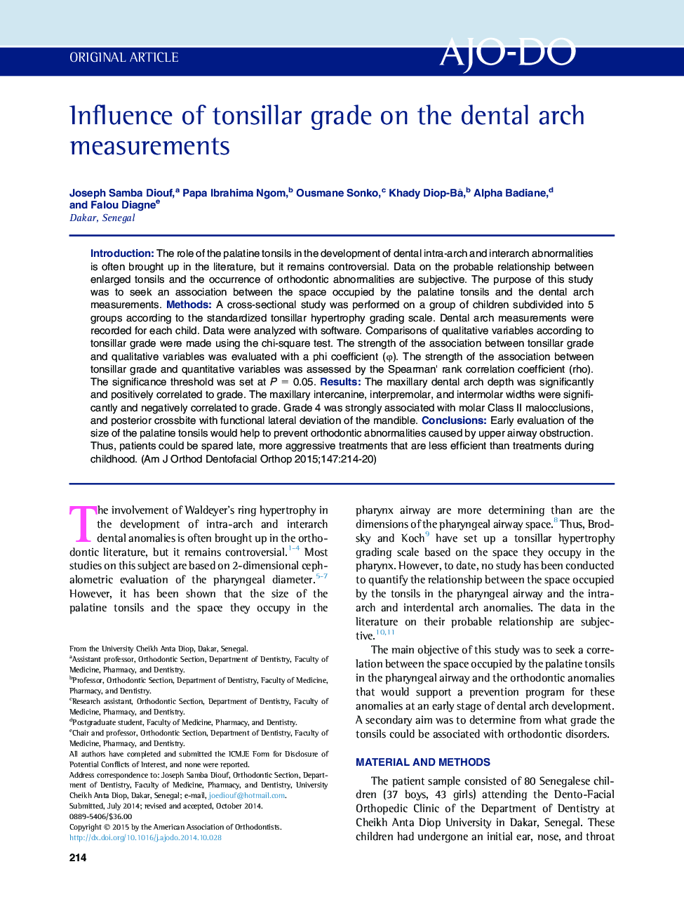 Influence of tonsillar grade on the dental arch measurements 