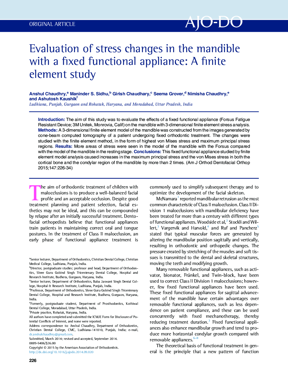 Evaluation of stress changes in the mandible with a fixed functional appliance: A finite element study 
