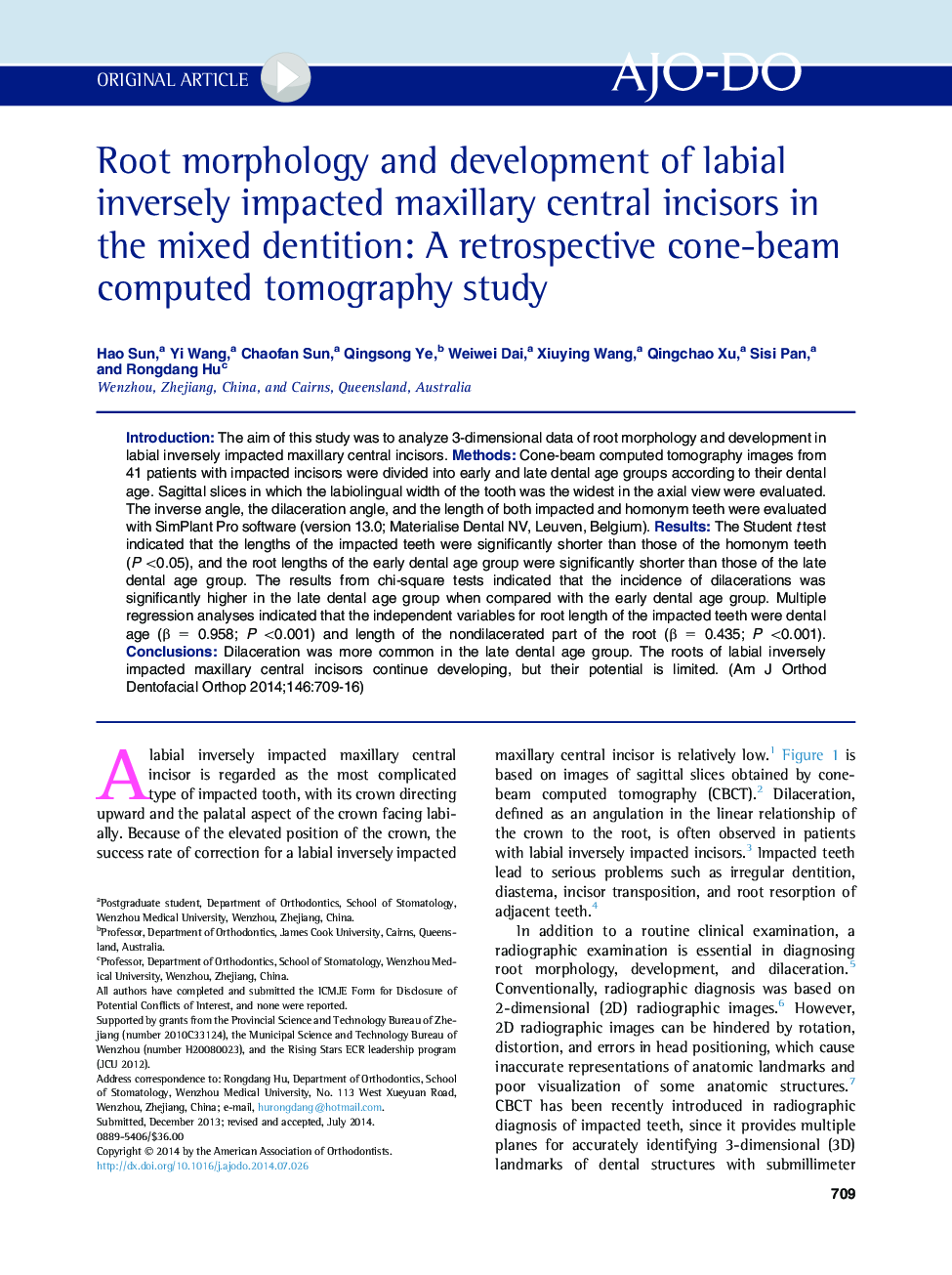 Root morphology and development of labial inversely impacted maxillary central incisors in the mixed dentition: A retrospective cone-beam computed tomography study 