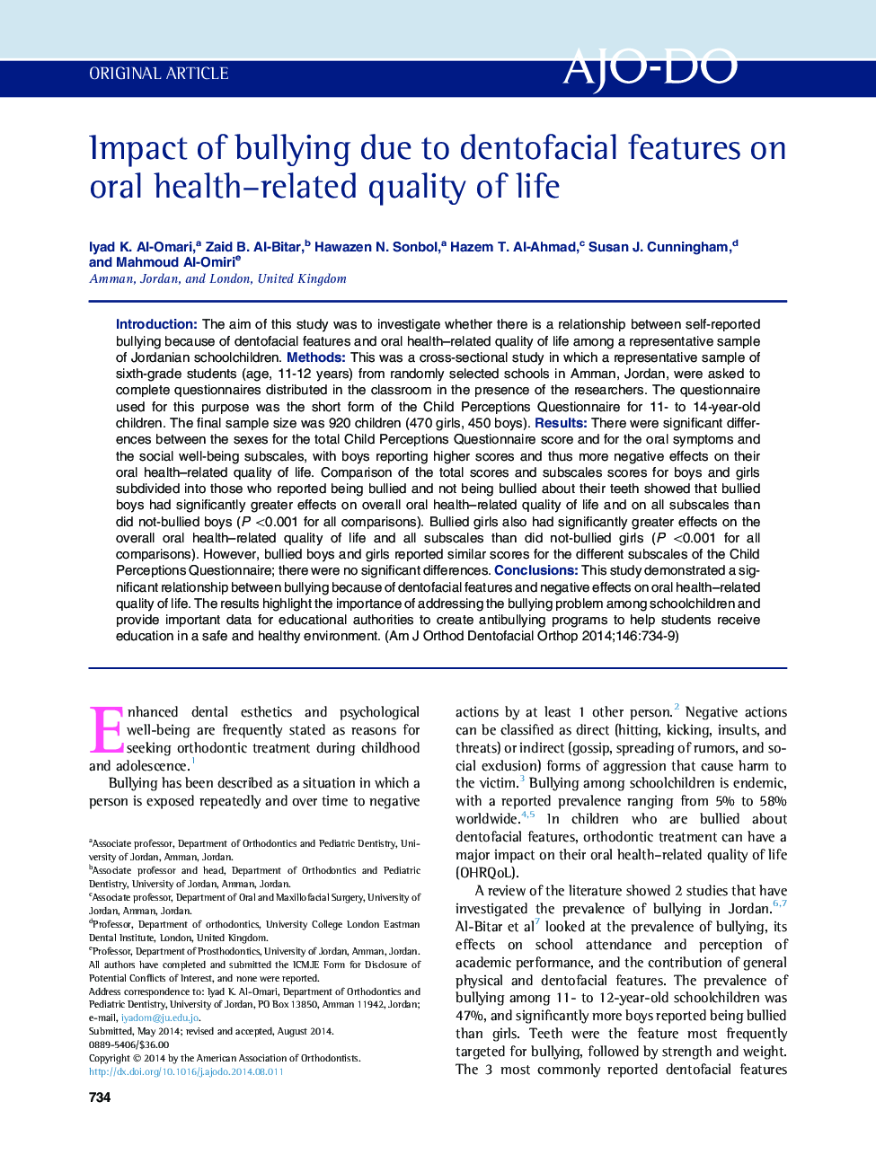 Impact of bullying due to dentofacial features on oral health–related quality of life 