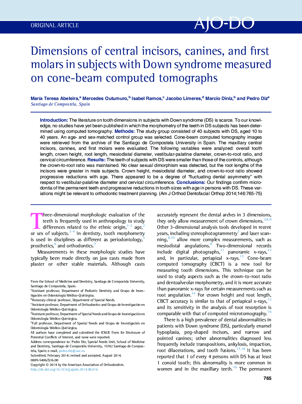 Dimensions of central incisors, canines, and first molars in subjects with Down syndrome measured on cone-beam computed tomographs 