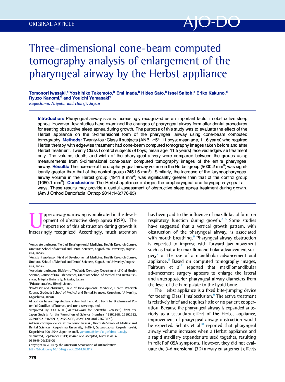 Three-dimensional cone-beam computed tomography analysis of enlargement of the pharyngeal airway by the Herbst appliance 