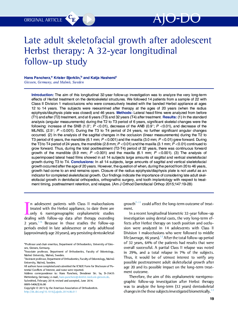 Late adult skeletofacial growth after adolescent Herbst therapy: A 32-year longitudinal follow-up study 