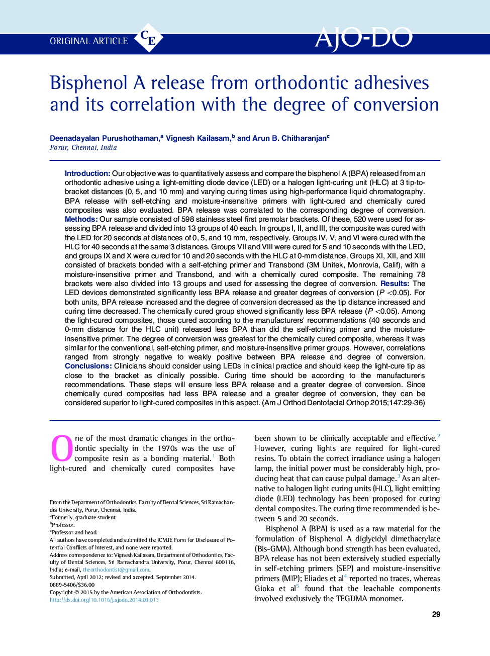 Bisphenol A release from orthodontic adhesives and its correlation with the degree of conversion