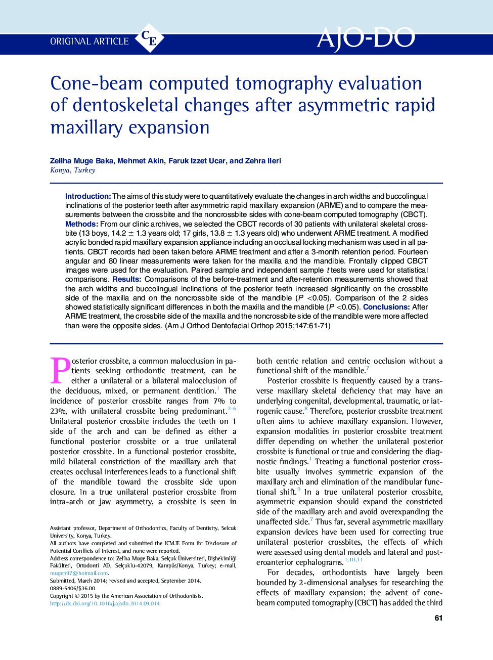 Cone-beam computed tomography evaluation of dentoskeletal changes after asymmetric rapid maxillary expansion 