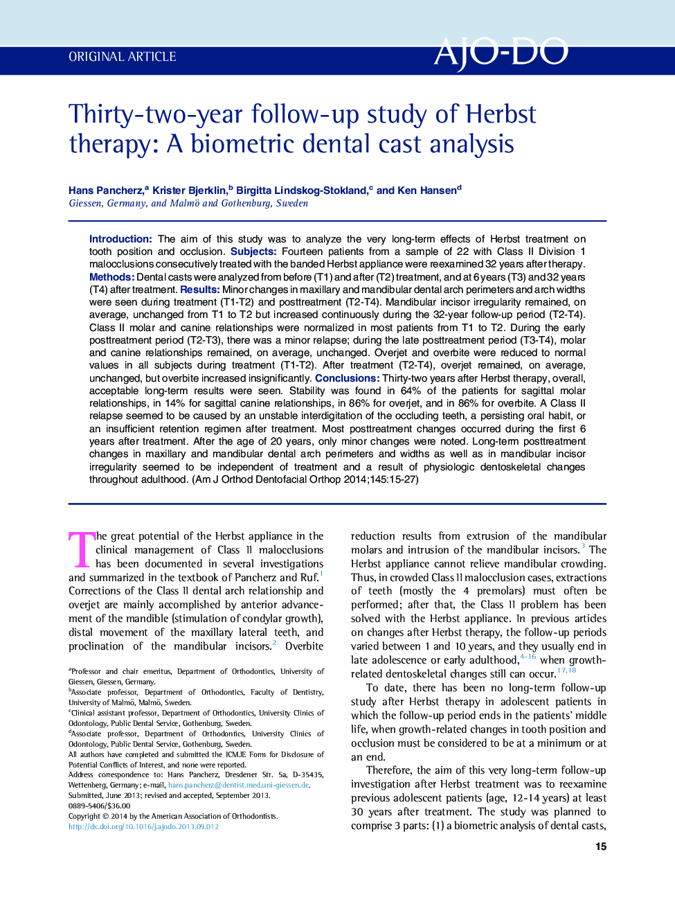 Thirty-two-year follow-up study of Herbst therapy: A biometric dental cast analysis 