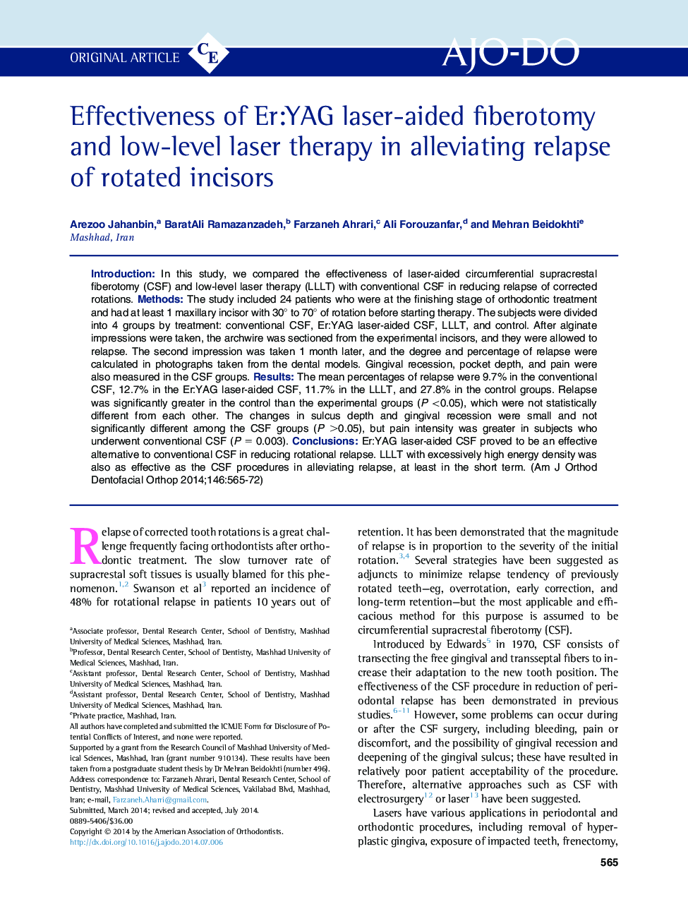 Effectiveness of Er:YAG laser-aided fiberotomy and low-level laser therapy in alleviating relapse of rotated incisors 