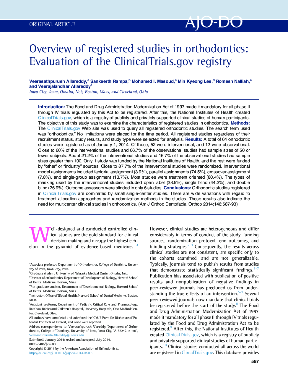 Overview of registered studies in orthodontics: Evaluation of the ClinicalTrials.gov registry 