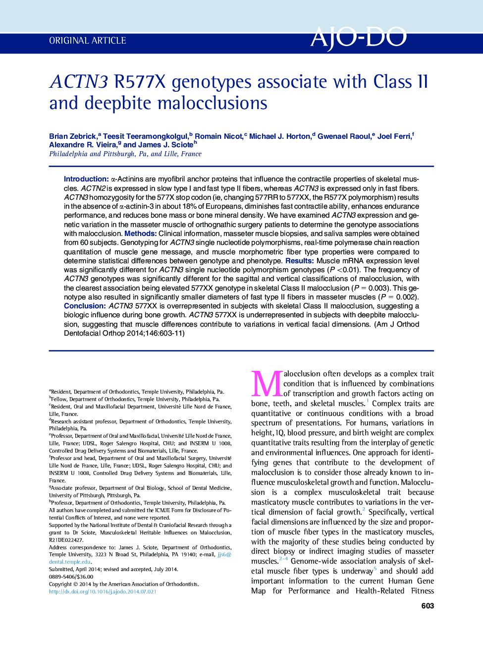 ACTN3 R577X genotypes associate with Class II and deepbite malocclusions 