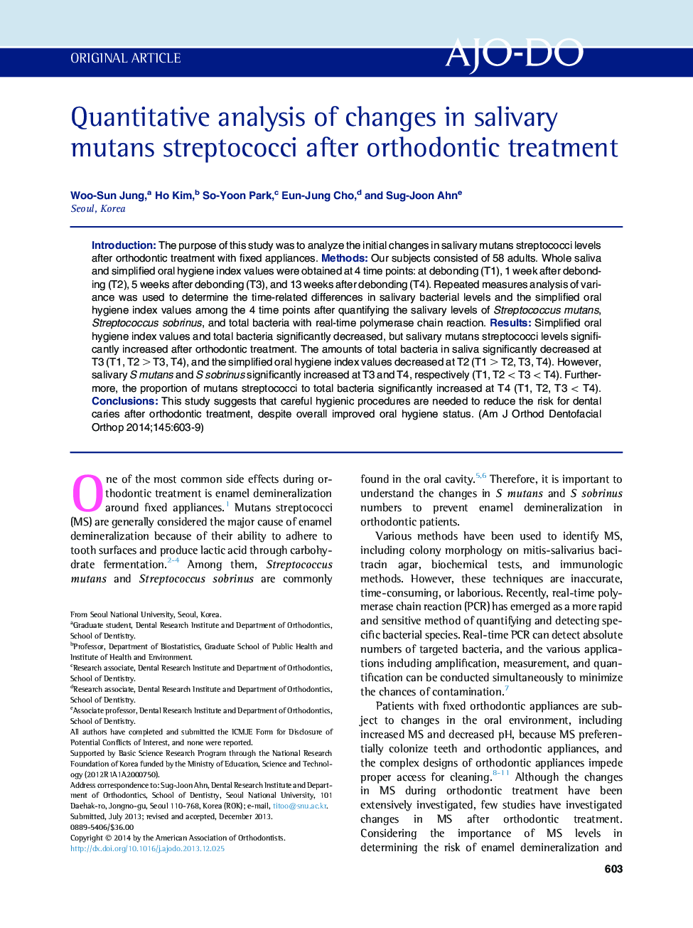 Quantitative analysis of changes in salivary mutans streptococci after orthodontic treatment 