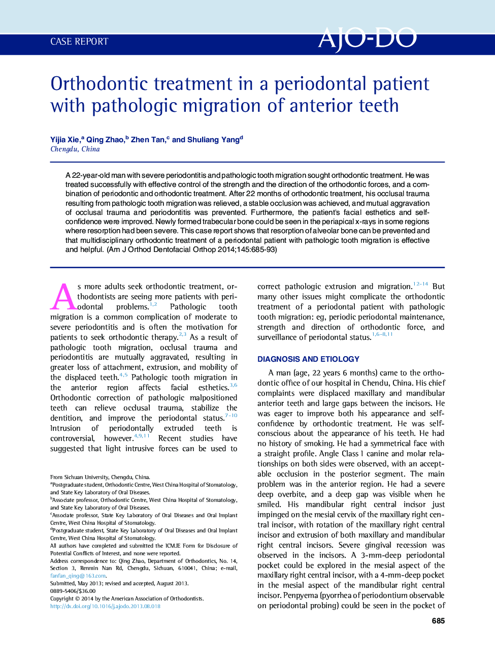 Orthodontic treatment in a periodontal patient with pathologic migration of anterior teeth 