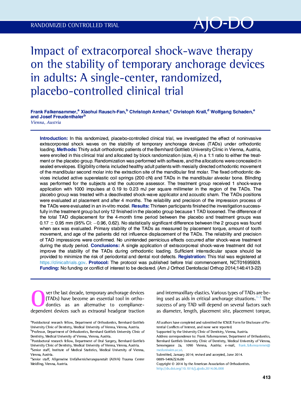 Impact of extracorporeal shock-wave therapy on the stability of temporary anchorage devices in adults: A single-center, randomized, placebo-controlled clinical trial 