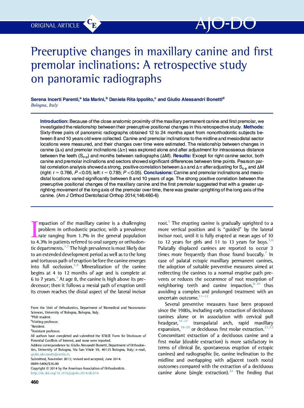 Preeruptive changes in maxillary canine and first premolar inclinations: A retrospective study on panoramic radiographs 
