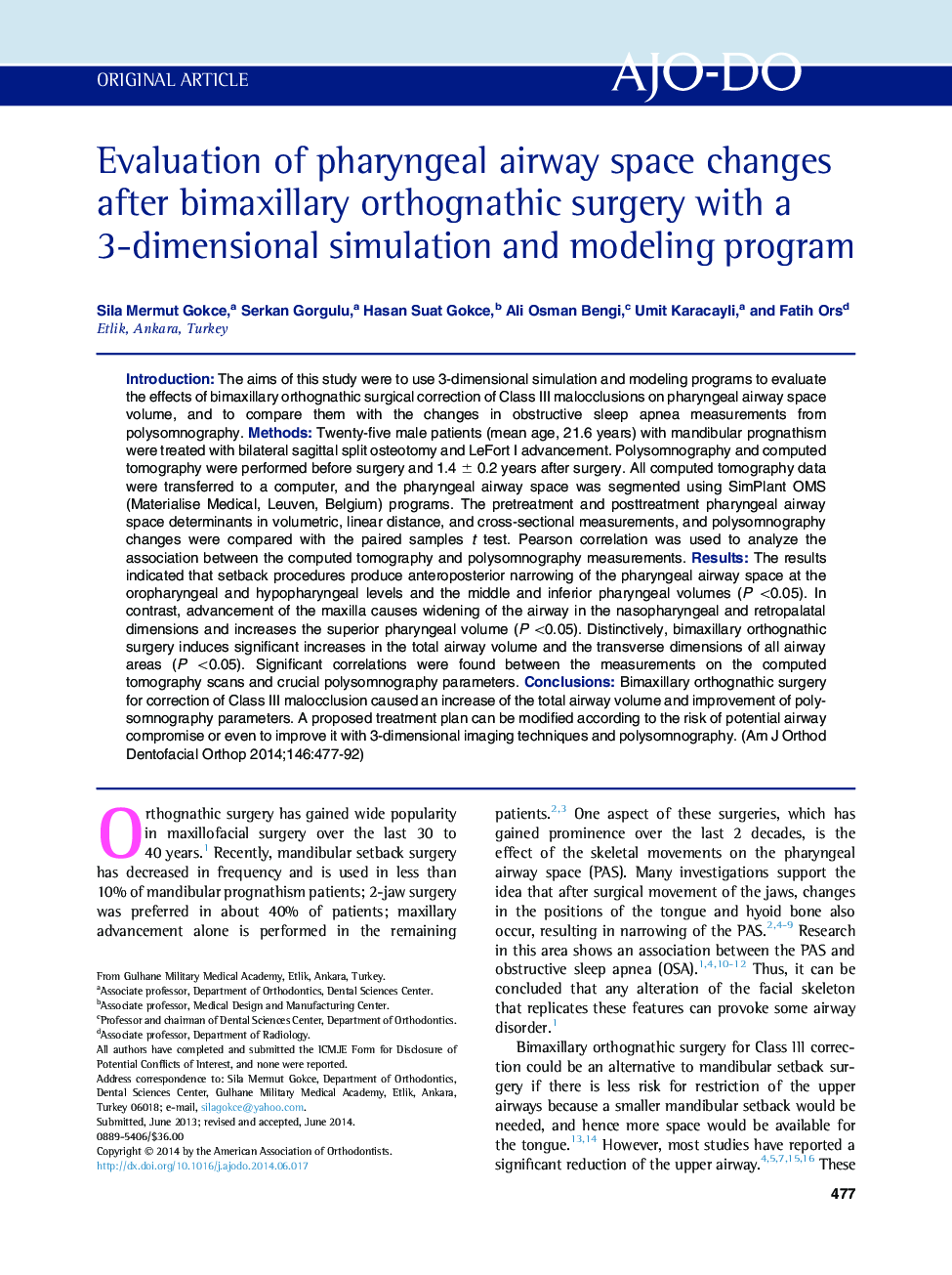 Evaluation of pharyngeal airway space changes after bimaxillary orthognathic surgery with a 3-dimensional simulation and modeling program 