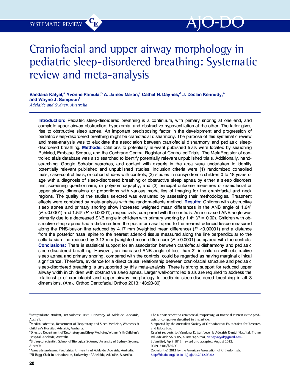 Craniofacial and upper airway morphology in pediatric sleep-disordered breathing: Systematic review and meta-analysis