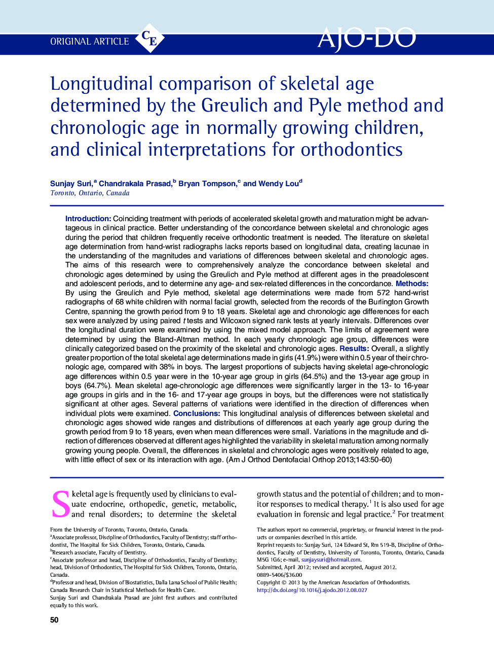 Longitudinal comparison of skeletal age determined by the Greulich and Pyle method and chronologic age in normally growing children, and clinical interpretations for orthodontics 