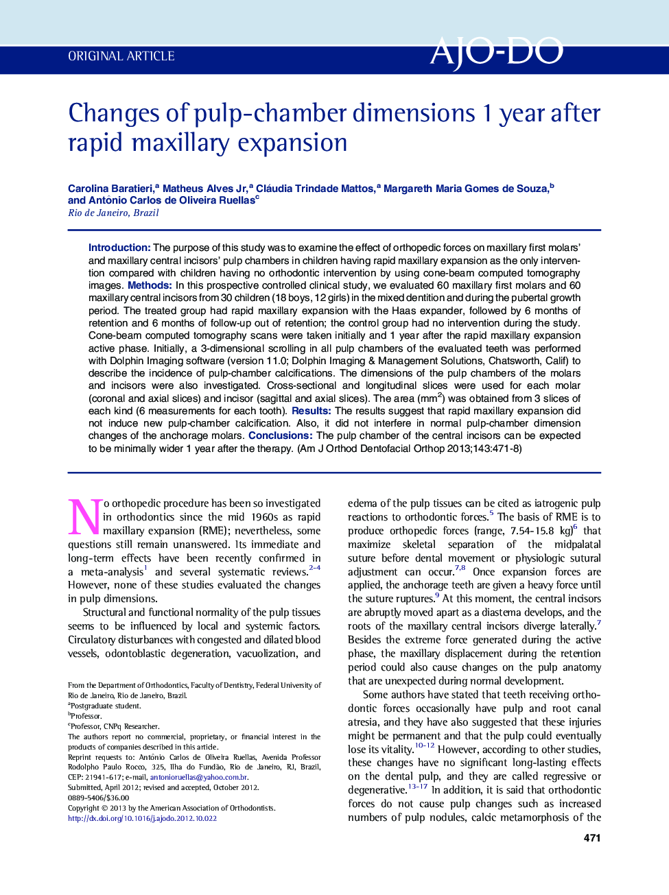 Changes of pulp-chamber dimensions 1 year after rapid maxillary expansion 