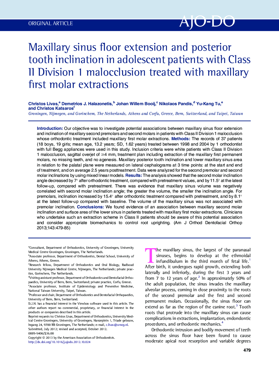 Maxillary sinus floor extension and posterior tooth inclination in adolescent patients with Class II Division 1 malocclusion treated with maxillary first molar extractions 