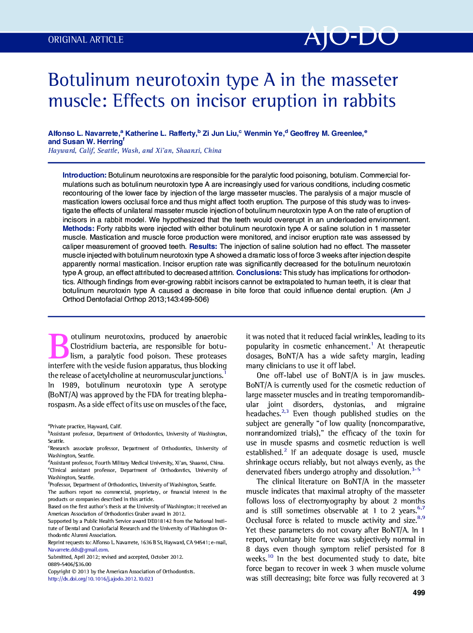 Botulinum neurotoxin type A in the masseter muscle: Effects on incisor eruption in rabbits 