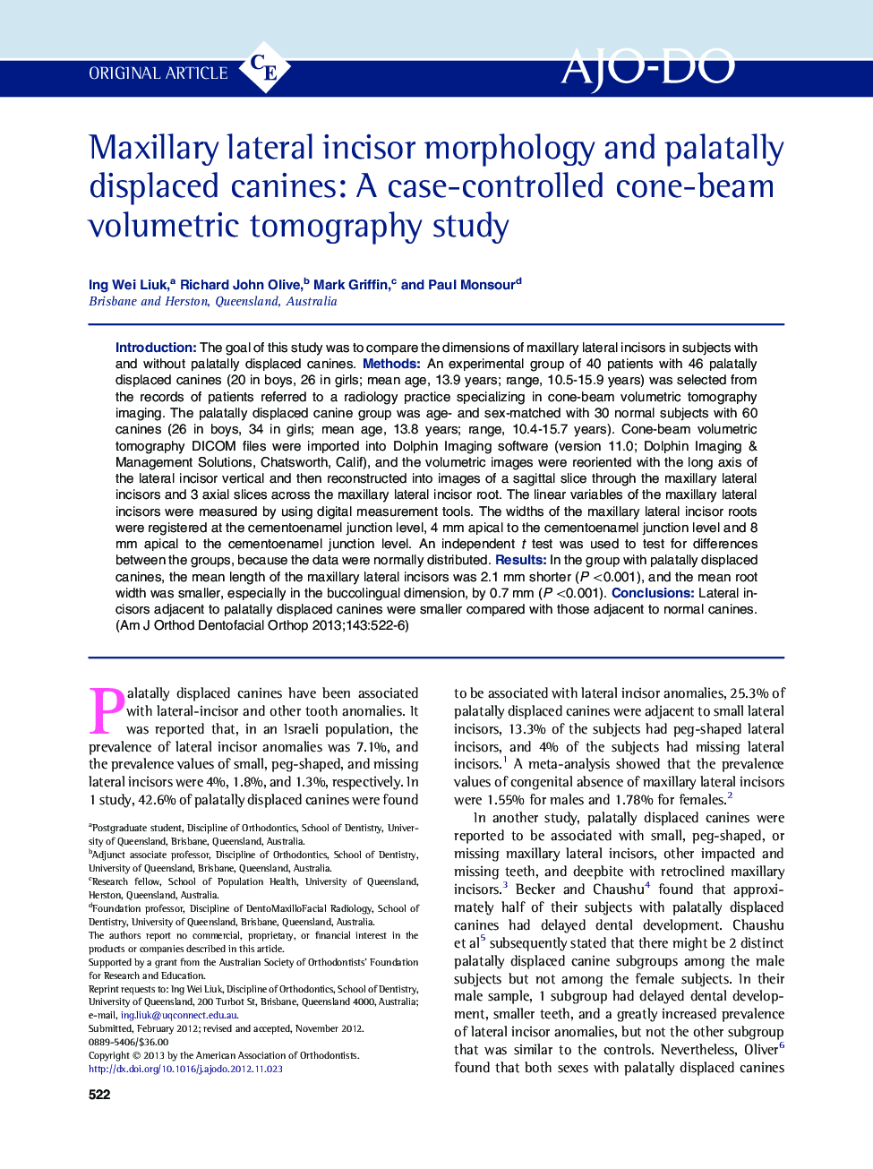 Maxillary lateral incisor morphology and palatally displaced canines: A case-controlled cone-beam volumetric tomography study 