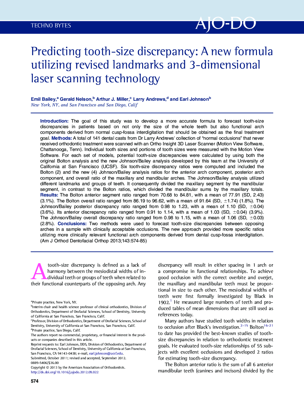 Predicting tooth-size discrepancy: A new formula utilizing revised landmarks and 3-dimensional laser scanning technology 