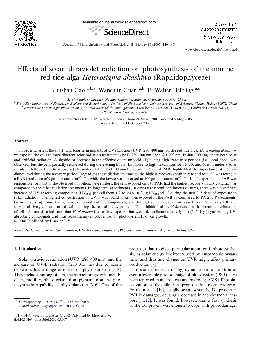 Effects of solar ultraviolet radiation on photosynthesis of the marine red tide alga Heterosigma akashiwo (Raphidophyceae)