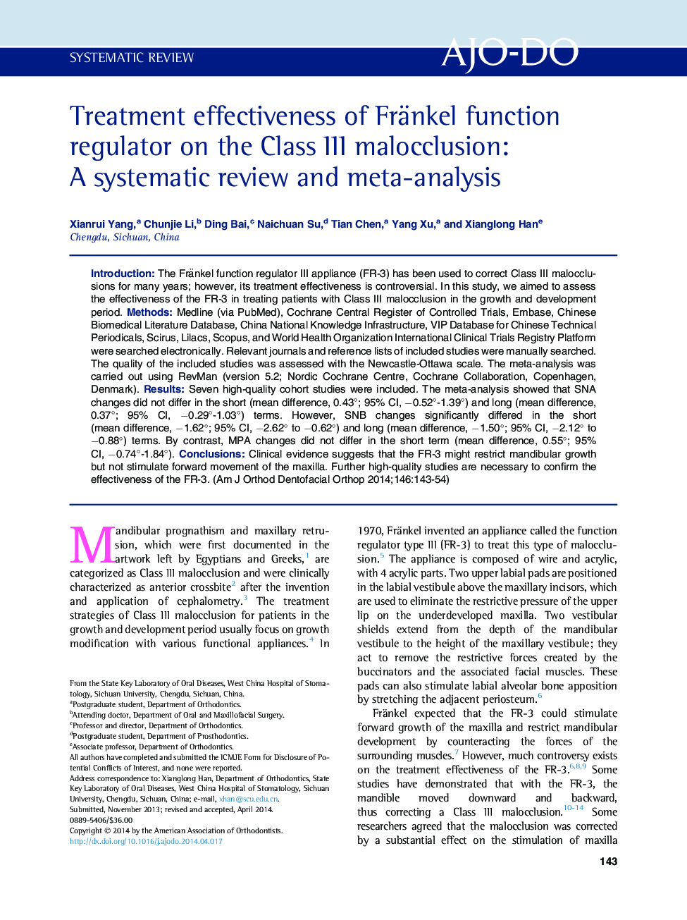 Treatment effectiveness of Fränkel function regulator on the Class III malocclusion: A systematic review and meta-analysis 