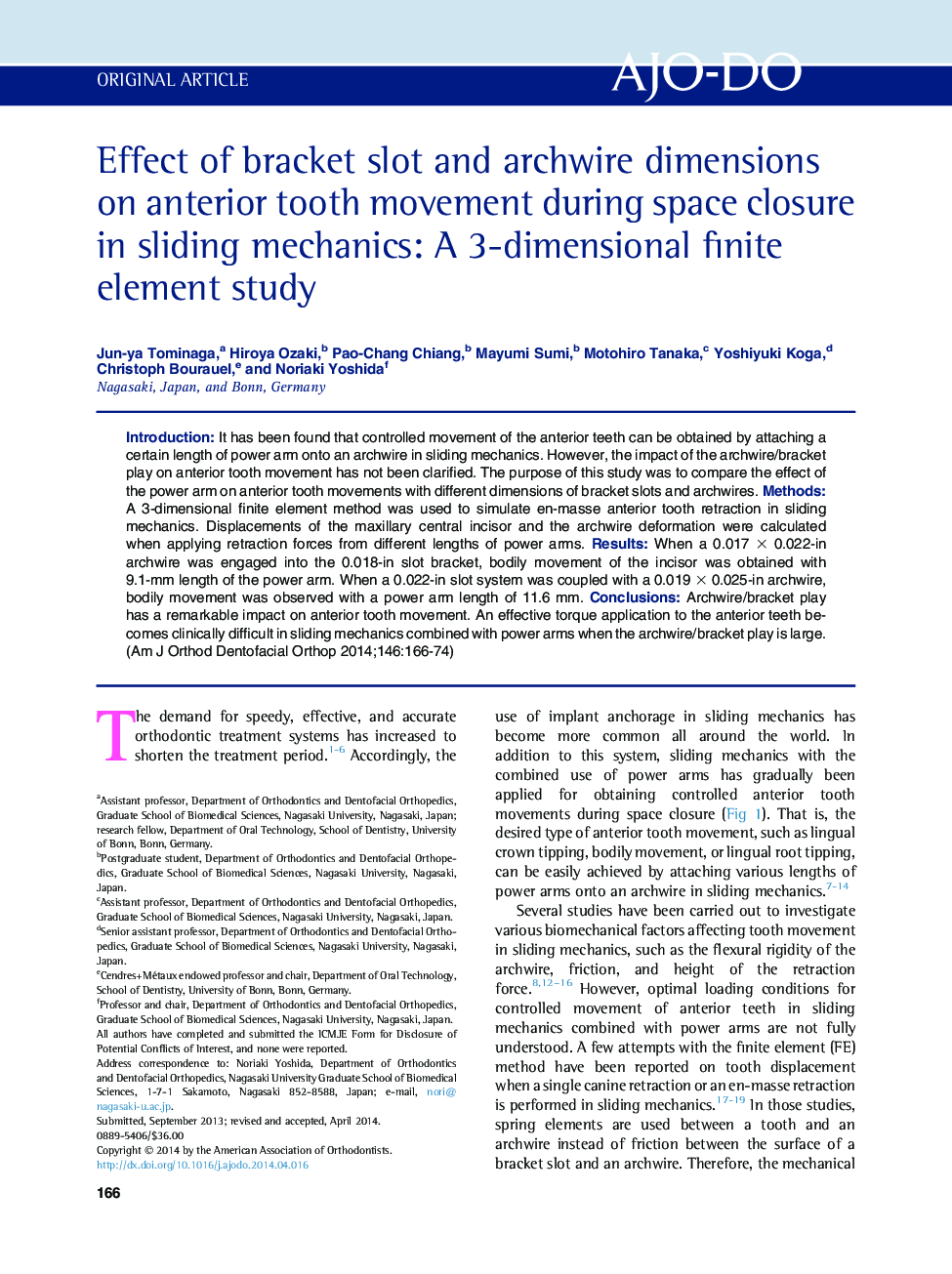 Effect of bracket slot and archwire dimensions on anterior tooth movement during space closure in sliding mechanics: A 3-dimensional finite element study 