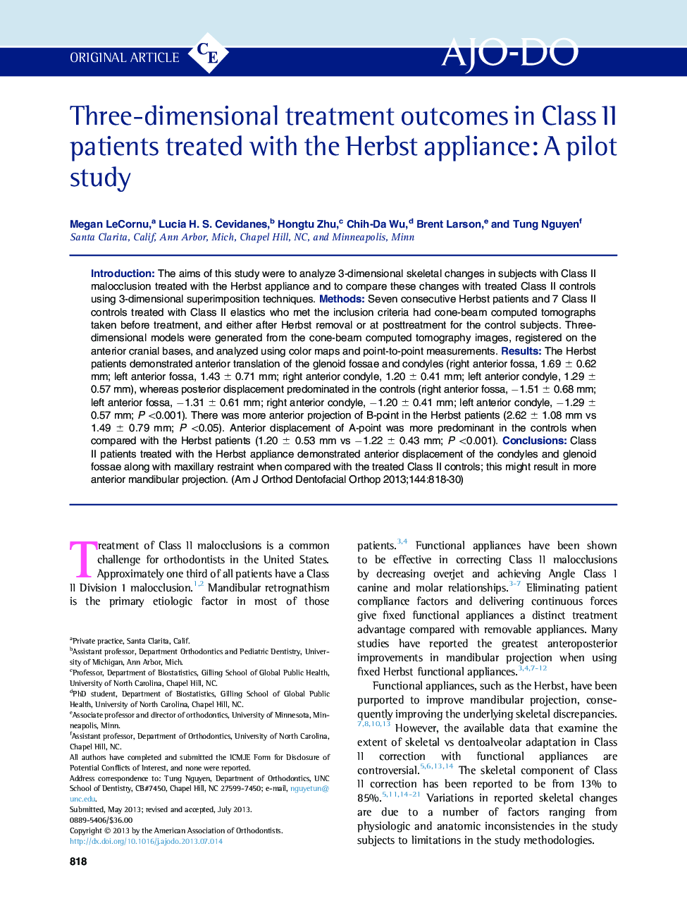 Three-dimensional treatment outcomes in Class II patients treated with the Herbst appliance: A pilot study 