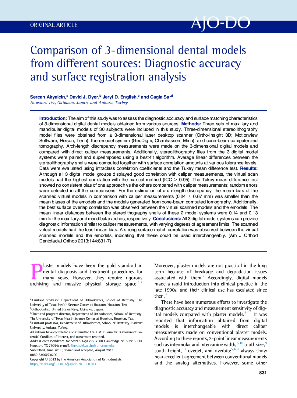 Comparison of 3-dimensional dental models from different sources: Diagnostic accuracy and surface registration analysis 