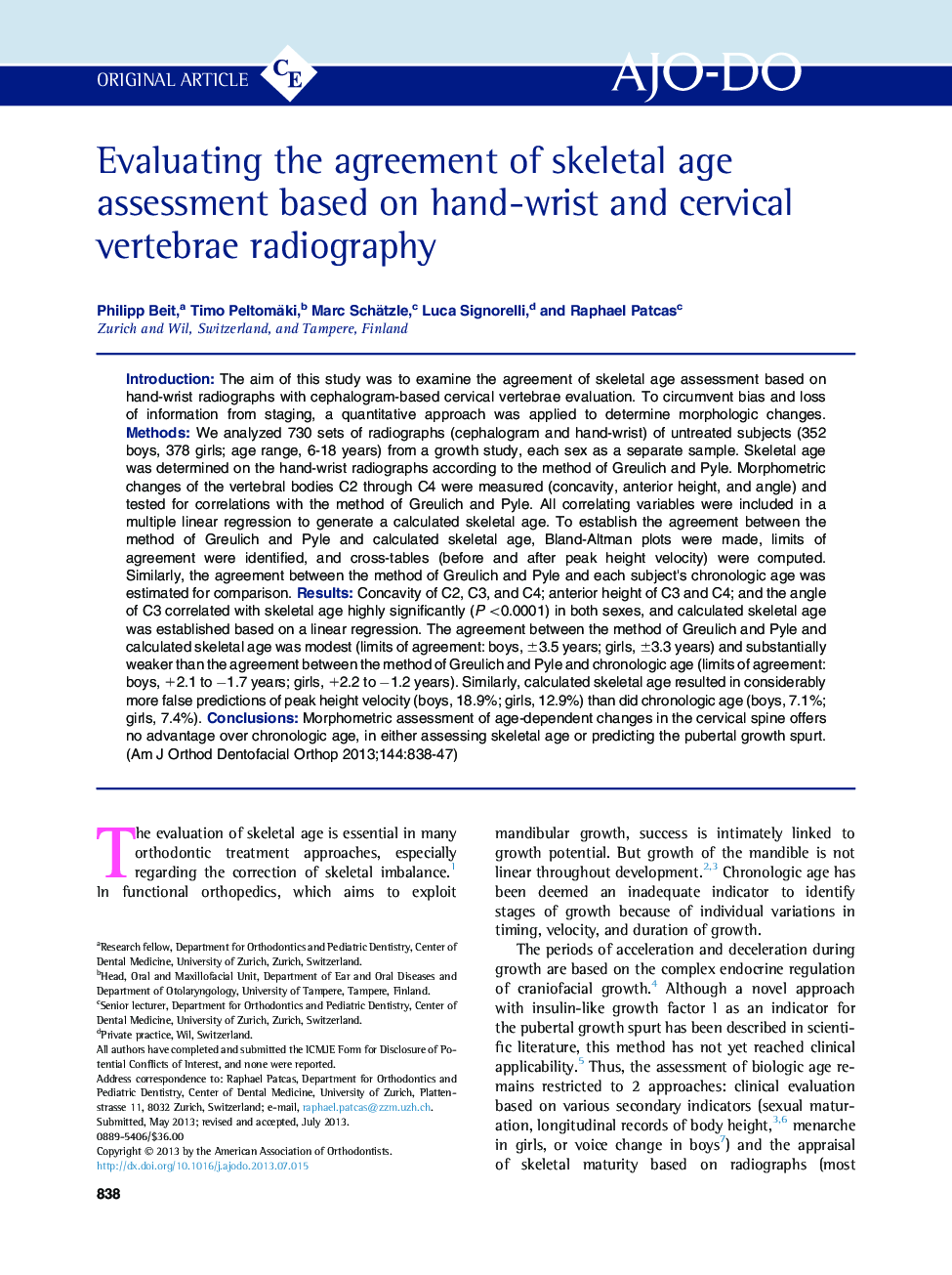 Evaluating the agreement of skeletal age assessment based on hand-wrist and cervical vertebrae radiography 