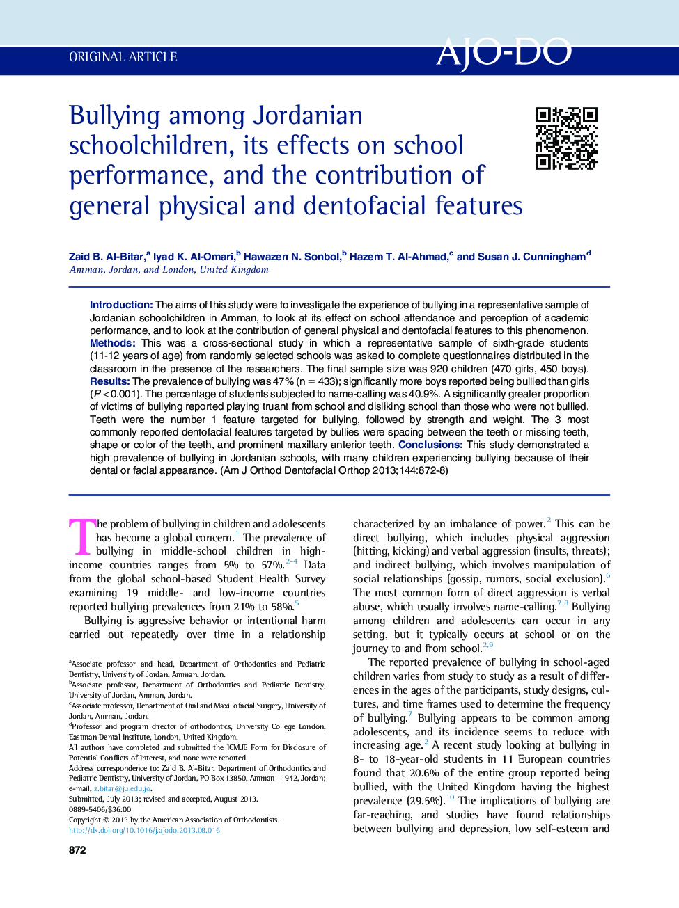 Bullying among Jordanian schoolchildren, its effects on school performance, and the contribution of general physical and dentofacial features 