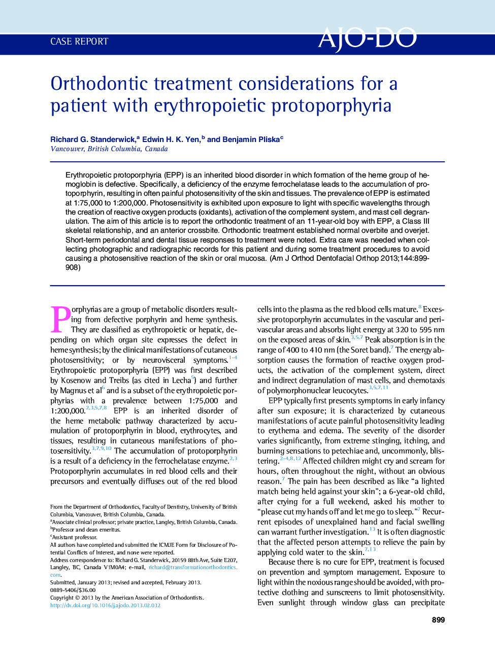 Orthodontic treatment considerations for a patient with erythropoietic protoporphyria 