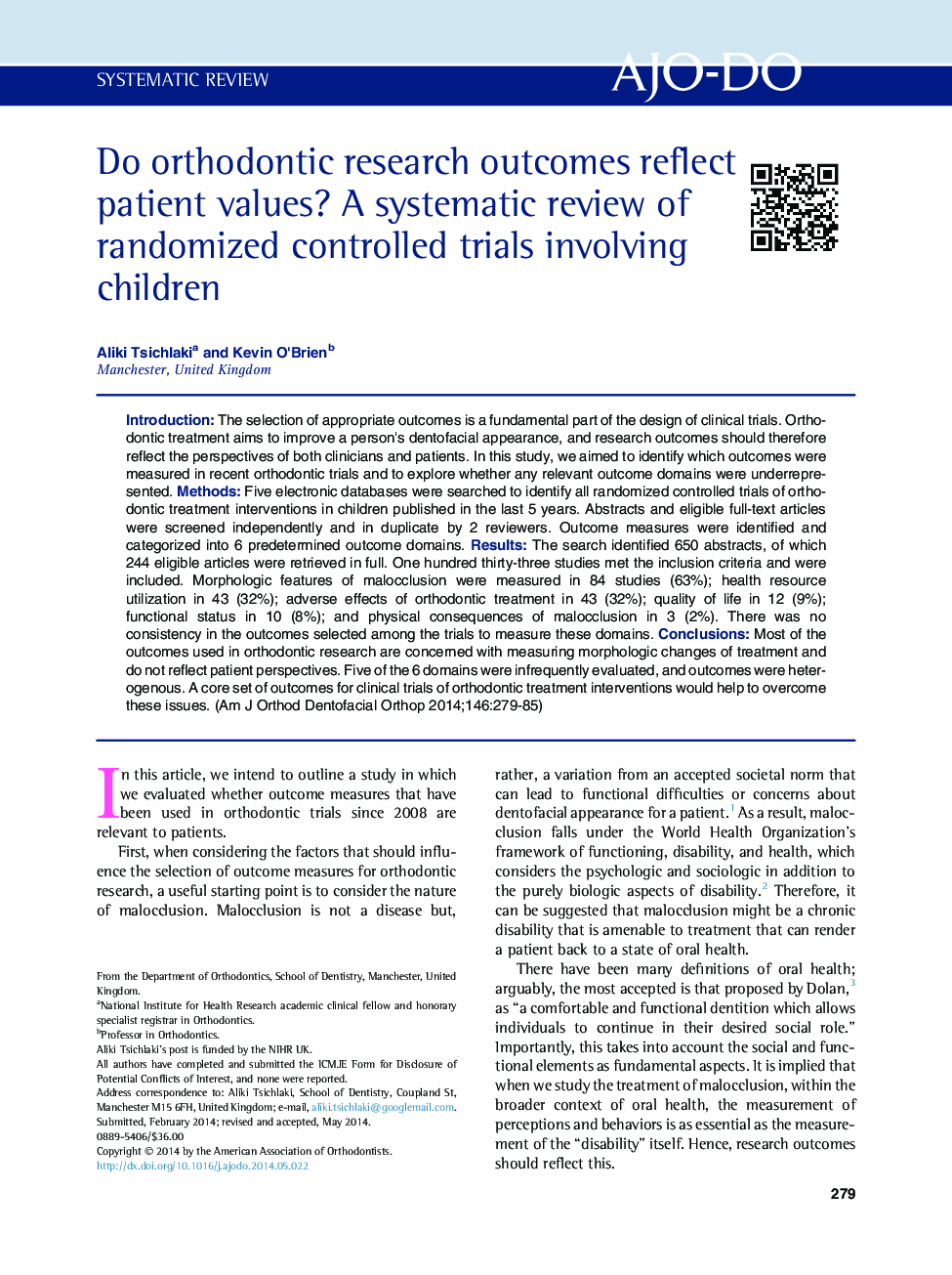 Do orthodontic research outcomes reflect patient values? A systematic review of randomized controlled trials involving children 