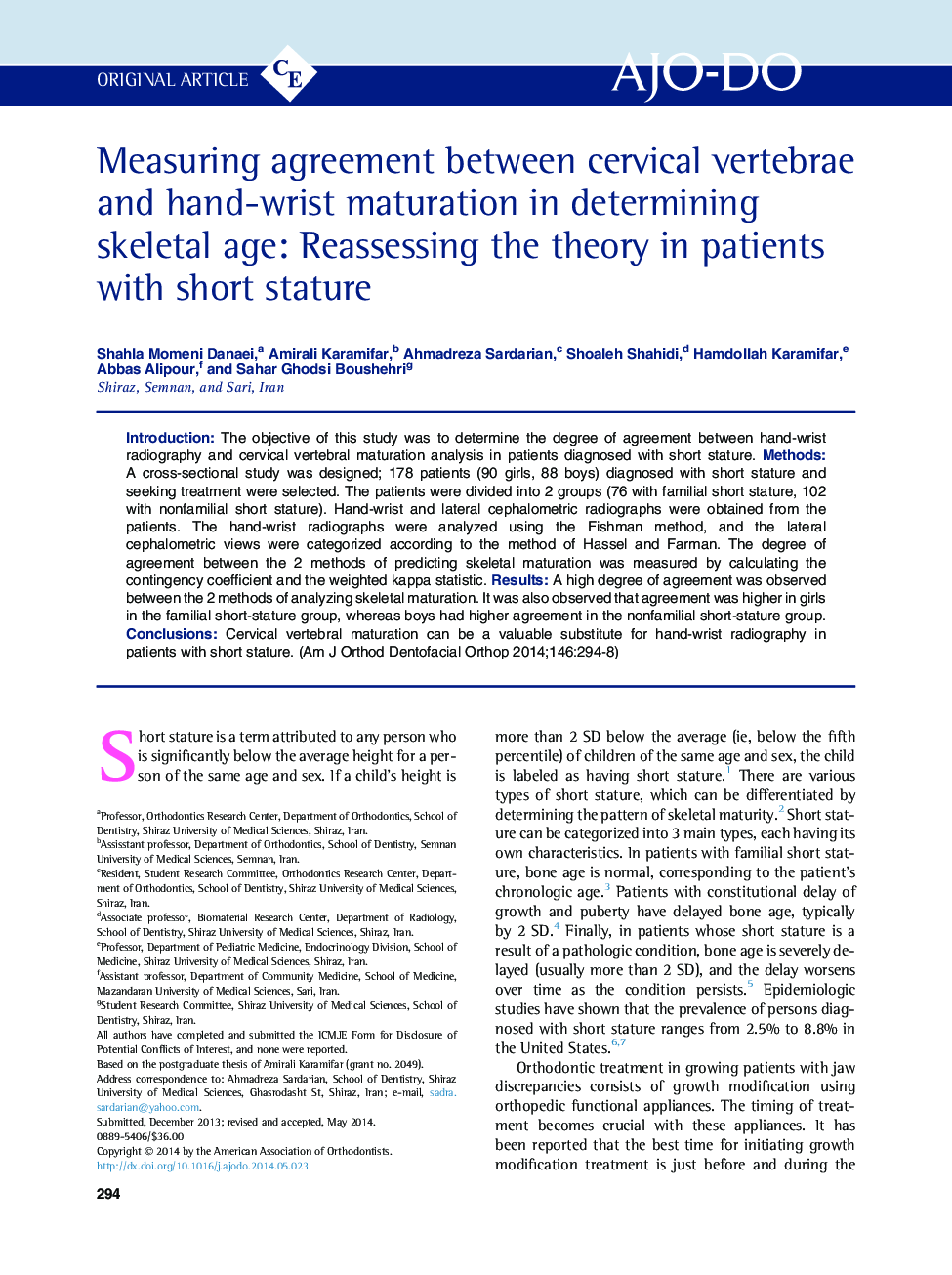 Measuring agreement between cervical vertebrae and hand-wrist maturation in determining skeletal age: Reassessing the theory in patients with short stature 