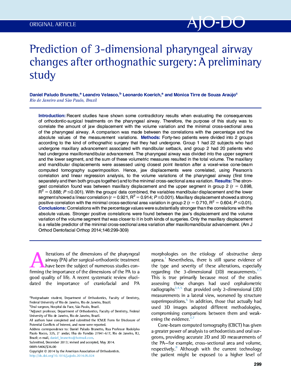 Prediction of 3-dimensional pharyngeal airway changes after orthognathic surgery: A preliminary study 