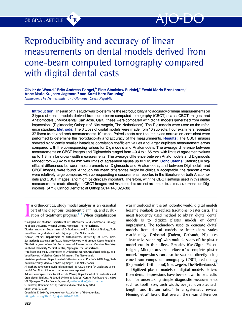 Reproducibility and accuracy of linear measurements on dental models derived from cone-beam computed tomography compared with digital dental casts 