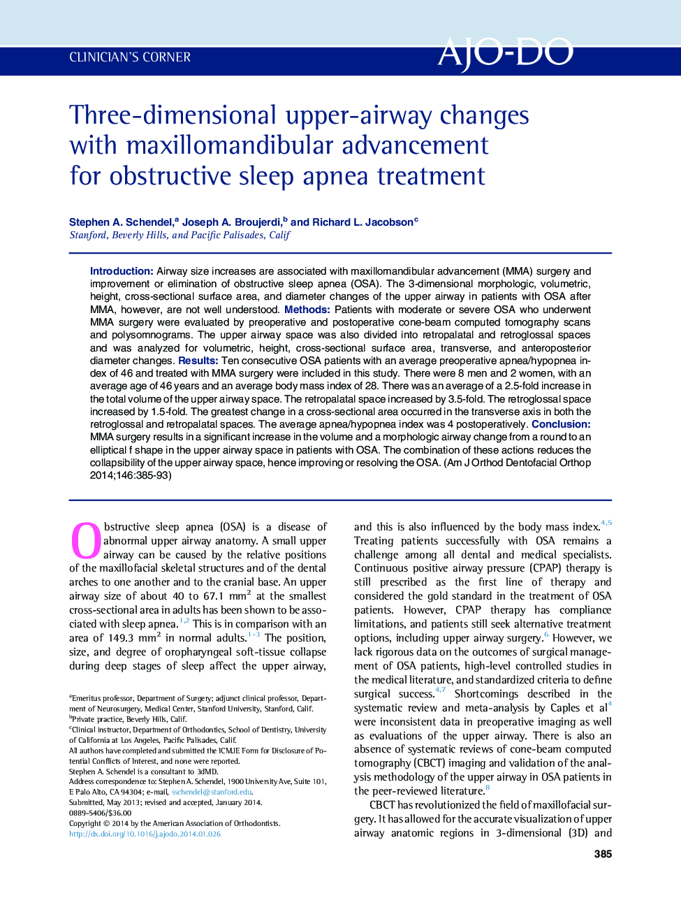 Three-dimensional upper-airway changes with maxillomandibular advancement for obstructive sleep apnea treatment 