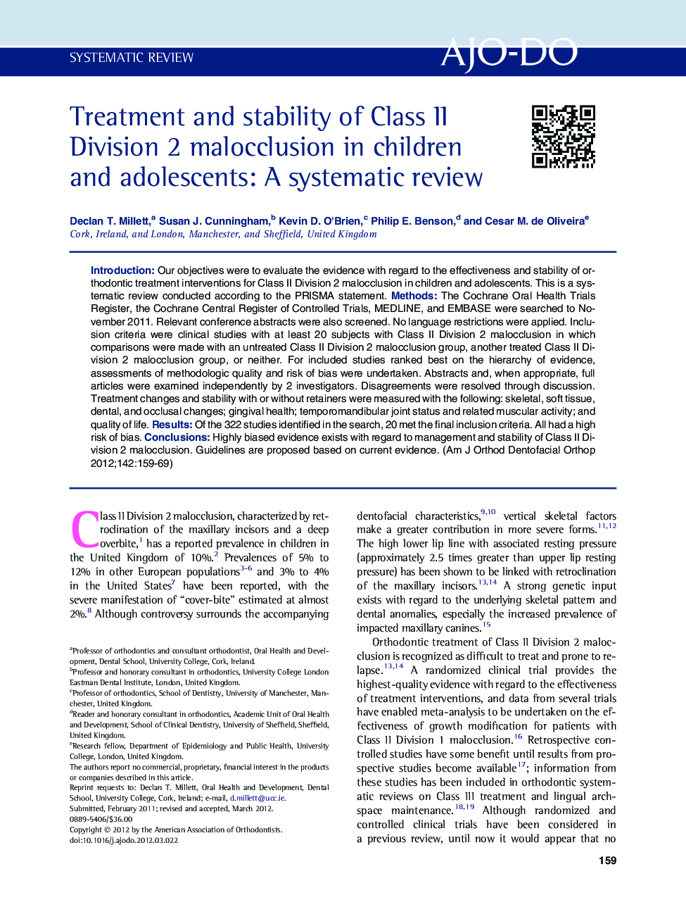 Treatment and stability of Class II Division 2 malocclusion in children and adolescents: A systematic review