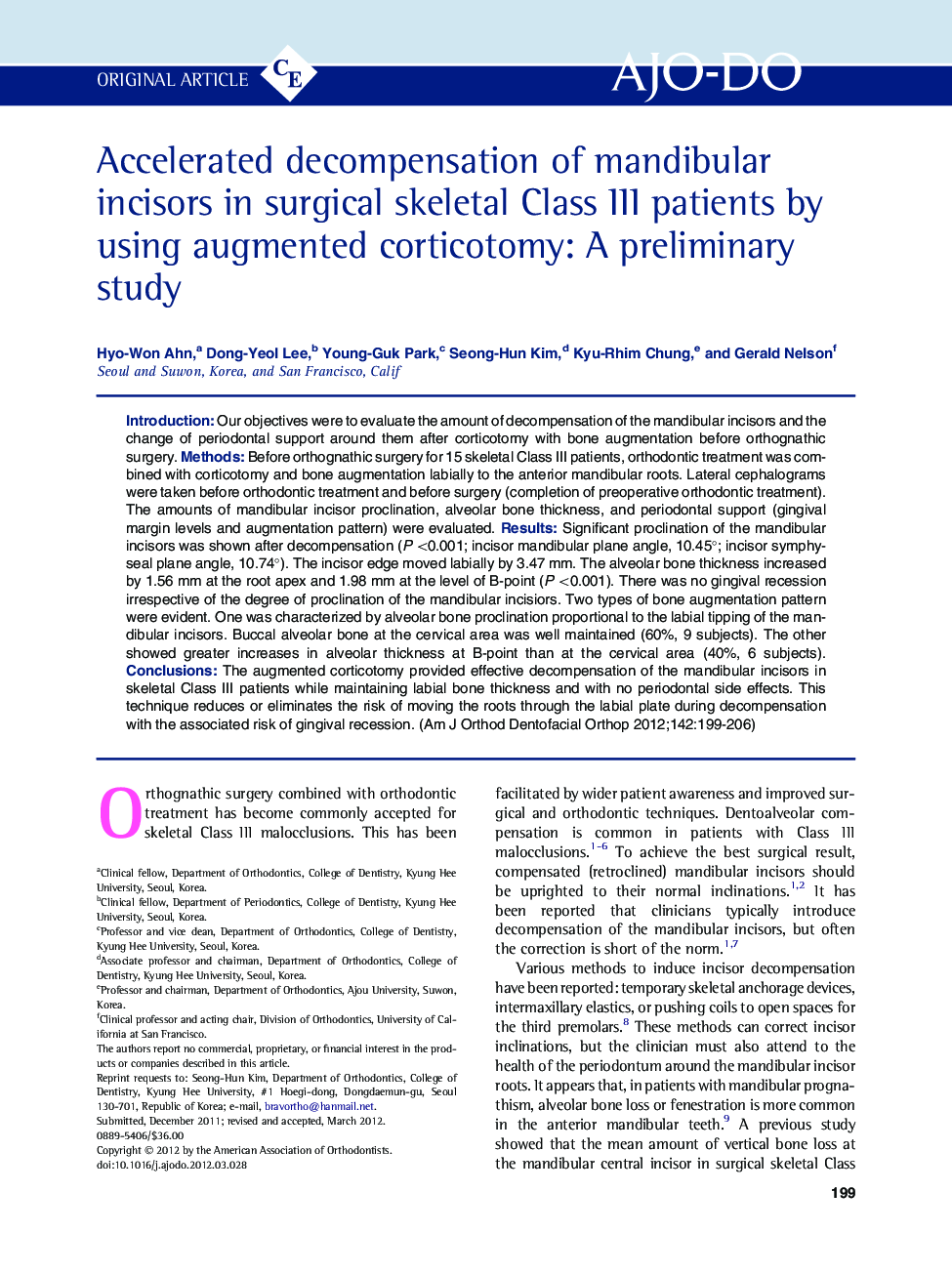 Accelerated decompensation of mandibular incisors in surgical skeletal Class III patients by using augmented corticotomy: A preliminary study 