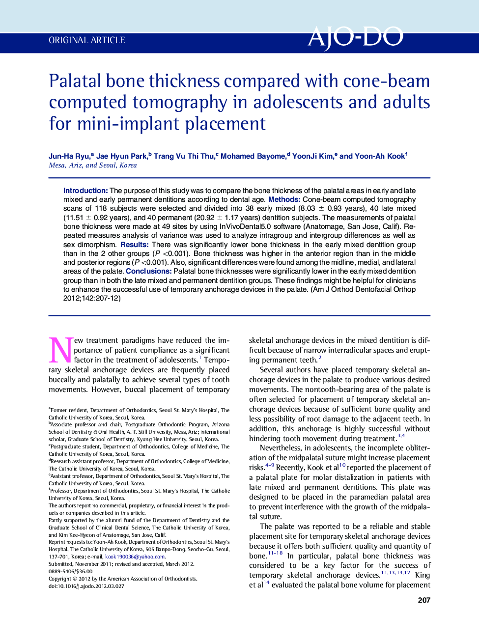 Palatal bone thickness compared with cone-beam computed tomography in adolescents and adults for mini-implant placement 