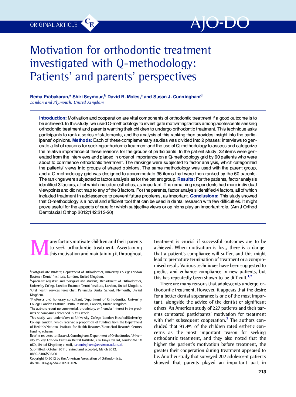 Motivation for orthodontic treatment investigated with Q-methodology: Patients’ and parents’ perspectives 