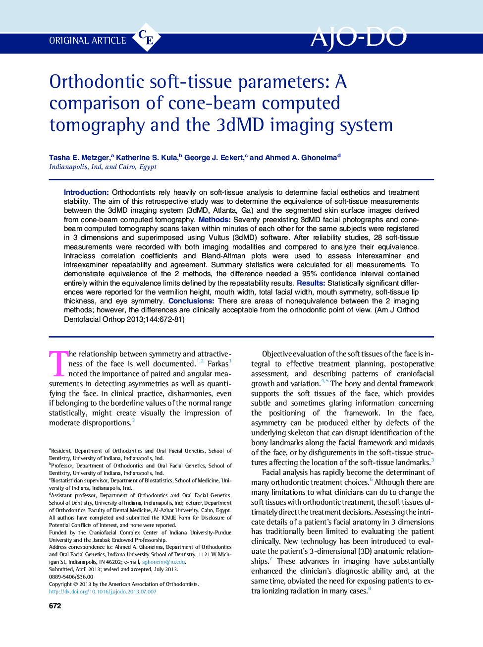 Orthodontic soft-tissue parameters: A comparison of cone-beam computed tomography and the 3dMD imaging system 