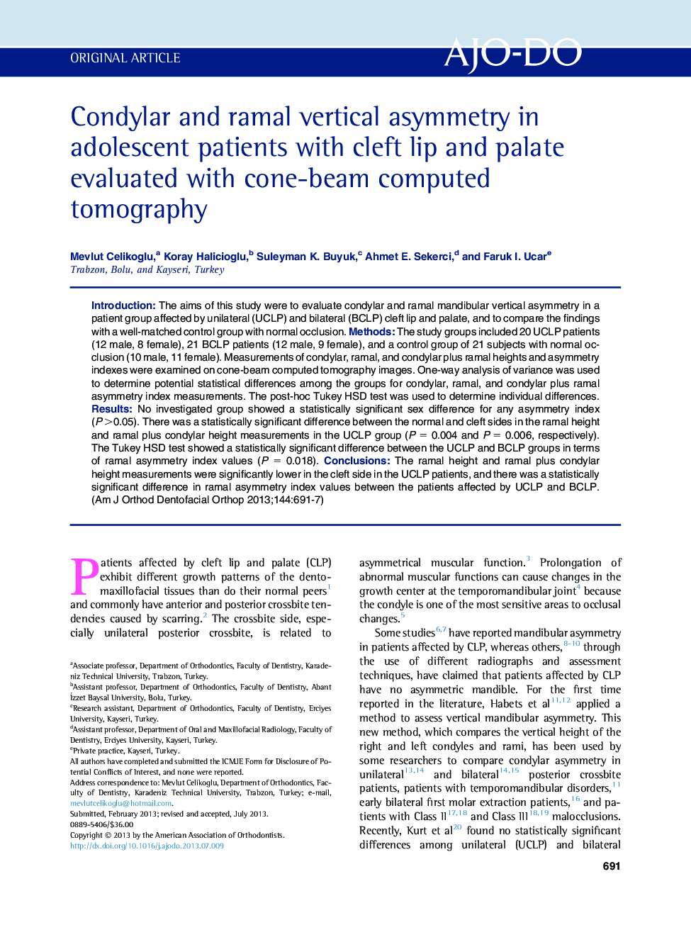 Condylar and ramal vertical asymmetry in adolescent patients with cleft lip and palate evaluated with cone-beam computed tomography