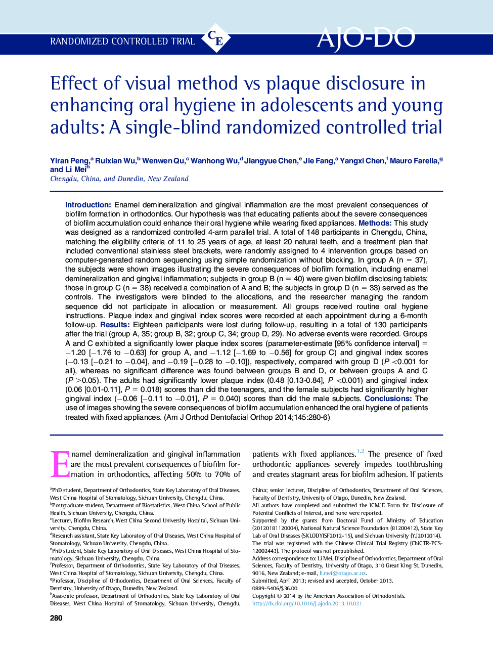 Effect of visual method vs plaque disclosure in enhancing oral hygiene in adolescents and young adults: A single-blind randomized controlled trial 