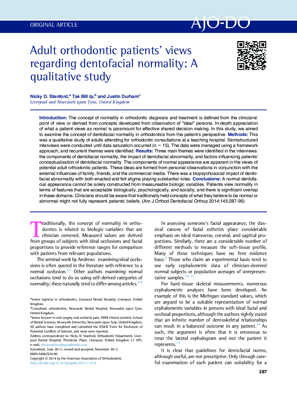 Adult orthodontic patients' views regarding dentofacial normality: A qualitative study