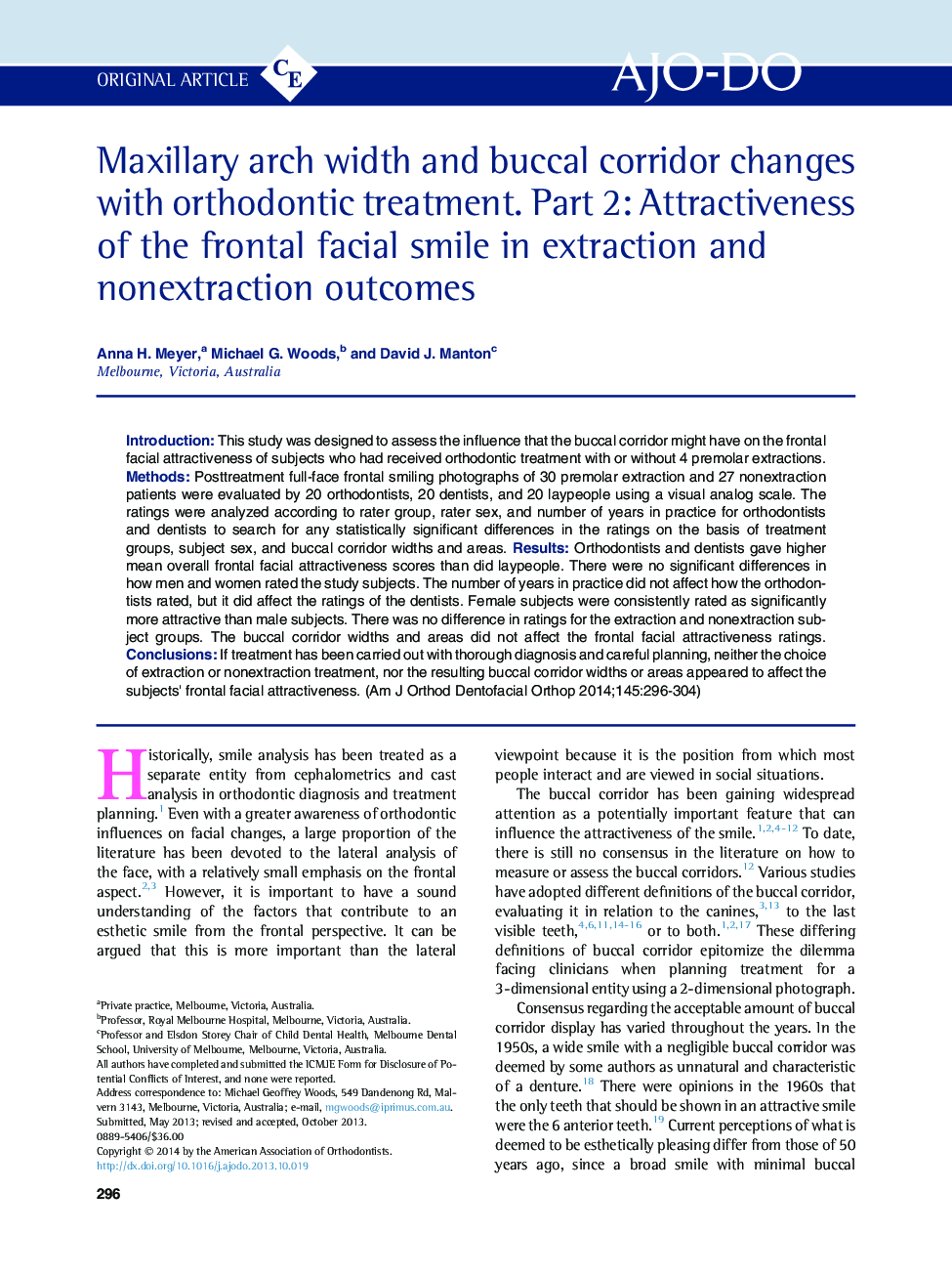 Maxillary arch width and buccal corridor changes with orthodontic treatment. Part 2: Attractiveness of the frontal facial smile in extraction and nonextraction outcomes 